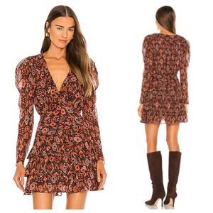 Ulla Johnson Esila Long Sleeve Mini Dress Geometric Ruffle Garnet 100% Silk 6